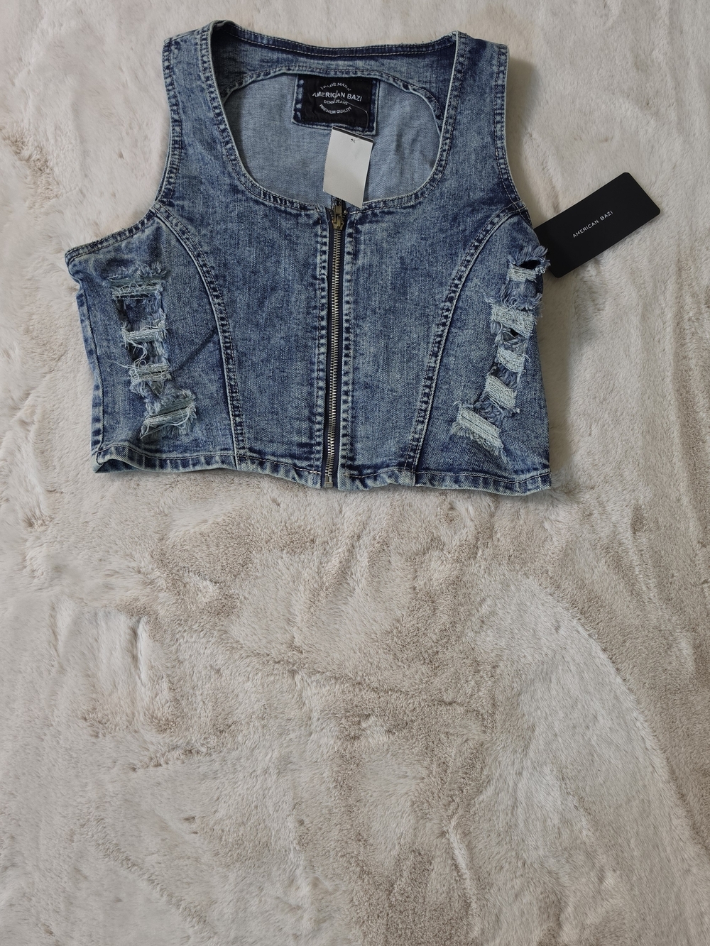 American Bazi Distressed Light Wash Denim Crop Vest